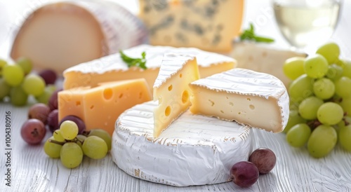 Assorted Cheeses Display With Fresh Grapes On White Marble Surface