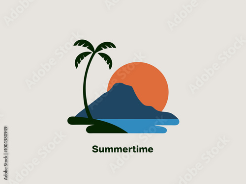 Minimalist Tropical Island Illustration with Sunset