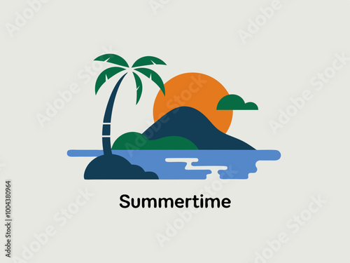 Minimalist Tropical Island Sunset Illustration