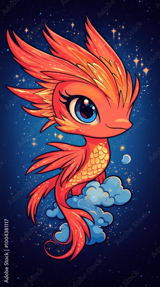 Obraz premium Adorable Cartoon Phoenix with Big Eyes in a Night Sky