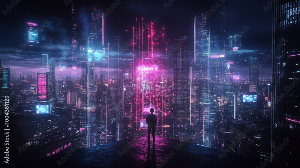 Naklejka premium Person in Futuristic City Awestruck by Neon Lights