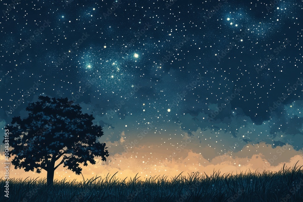 Fototapeta premium A Silhouetted Tree Under a Starry Night Sky