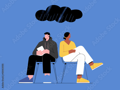 Illustration of people sitting under a dark cloud