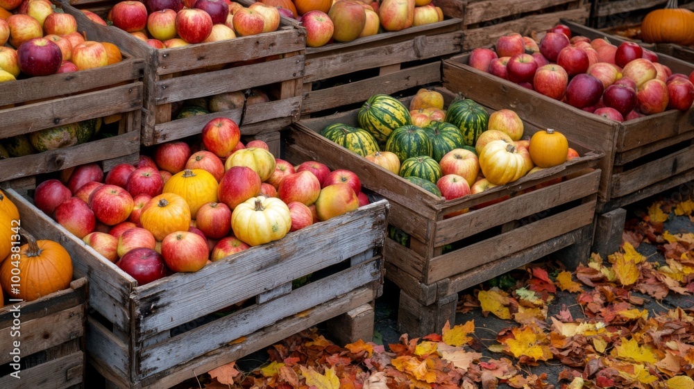 Wooden Crates Filled with Apples, Pumpkins, and Squash Wooden Crates Filled with Apples, Pumpkins, and Squash