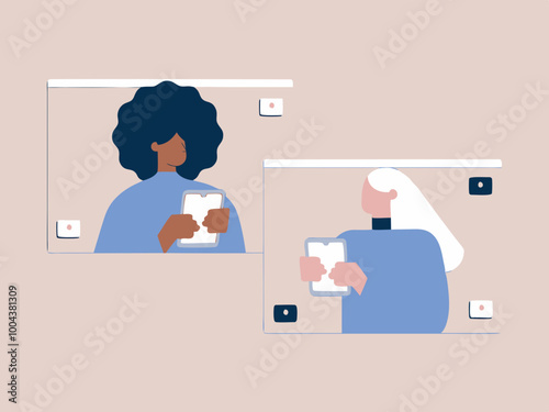 Illustration of People in Video Call Holding Tablets