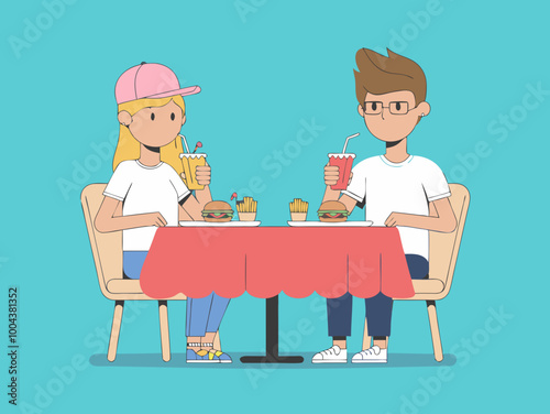Cartoon couple dining with burgers and milkshakes