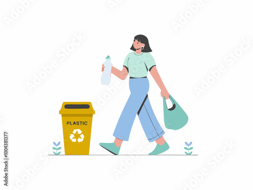 Woman recycling plastic bottle into yellow bin illustration