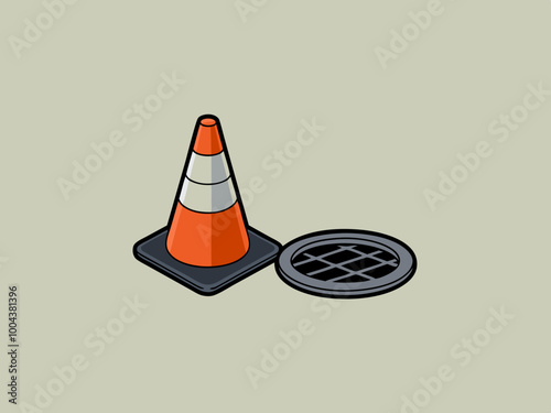 Traffic cone and open manhole illustration