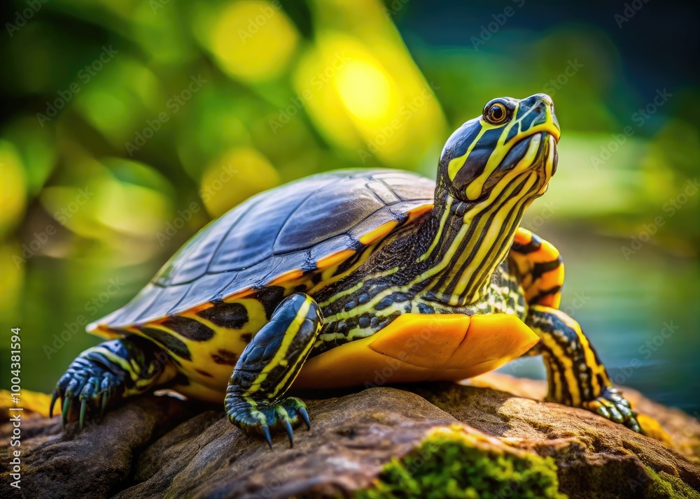 Yellowbellied Slider Turtle Resting on a Rock Near Calm Water in a Natural Outdoor Habitat Yellowbellied Slider Turtle Resting on a Rock Near Calm Water in a Natural Outdoor Habitat
