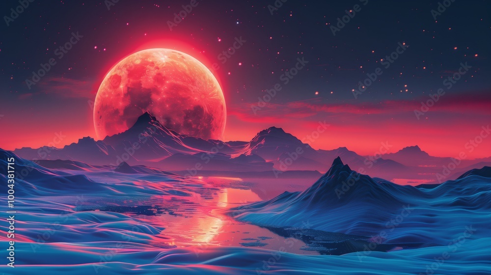 A massive red moon in the sky, a mountain range with snow-covered peaks below it, stars twinkling above A massive red moon in the sky, a mountain range with snow-covered peaks below it, stars twinkling above