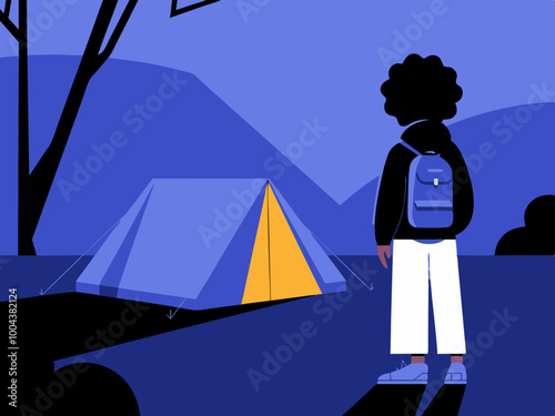 Person with Backpack at Campsite Illustration