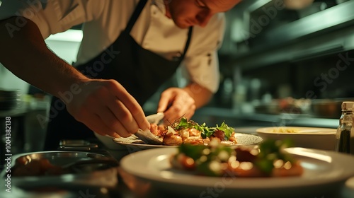 Chef plating gourmet dish with browned meat, greens, and garnishes.