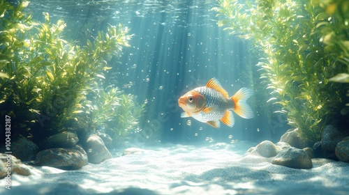 Underwater scene with a goldfish swimming among aquatic plants. photo