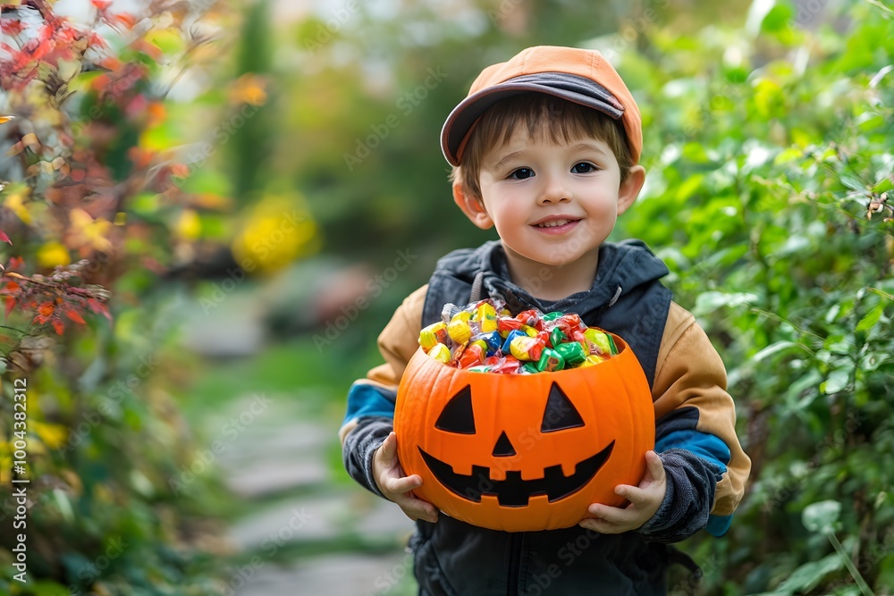 happy child on Halloween carrying jack-o'-lantern pumpkin full of candies happy child on Halloween carrying jack-o'-lantern pumpkin full of candies