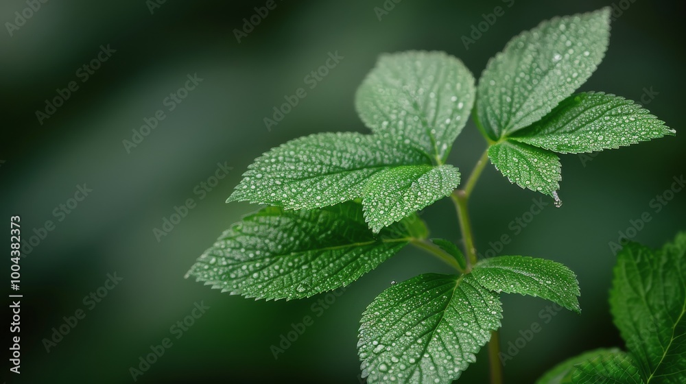 Dew Covered Green Leaves in Soft Morning Light Near a Forest