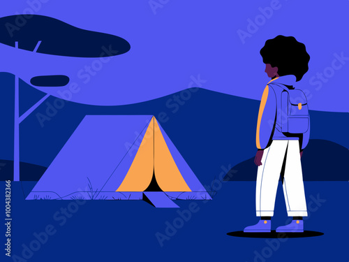 Person with Backpack Near Tent at Night