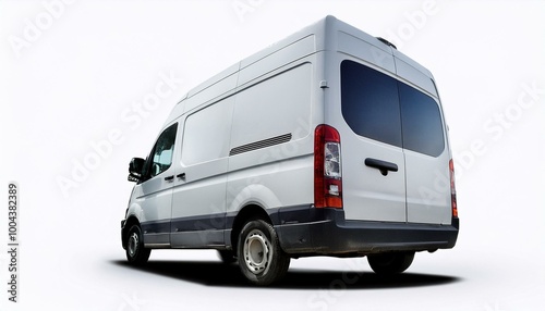 White, spotless delivery van with a small, isolated rear view truck. Short-base minibus for cargo.