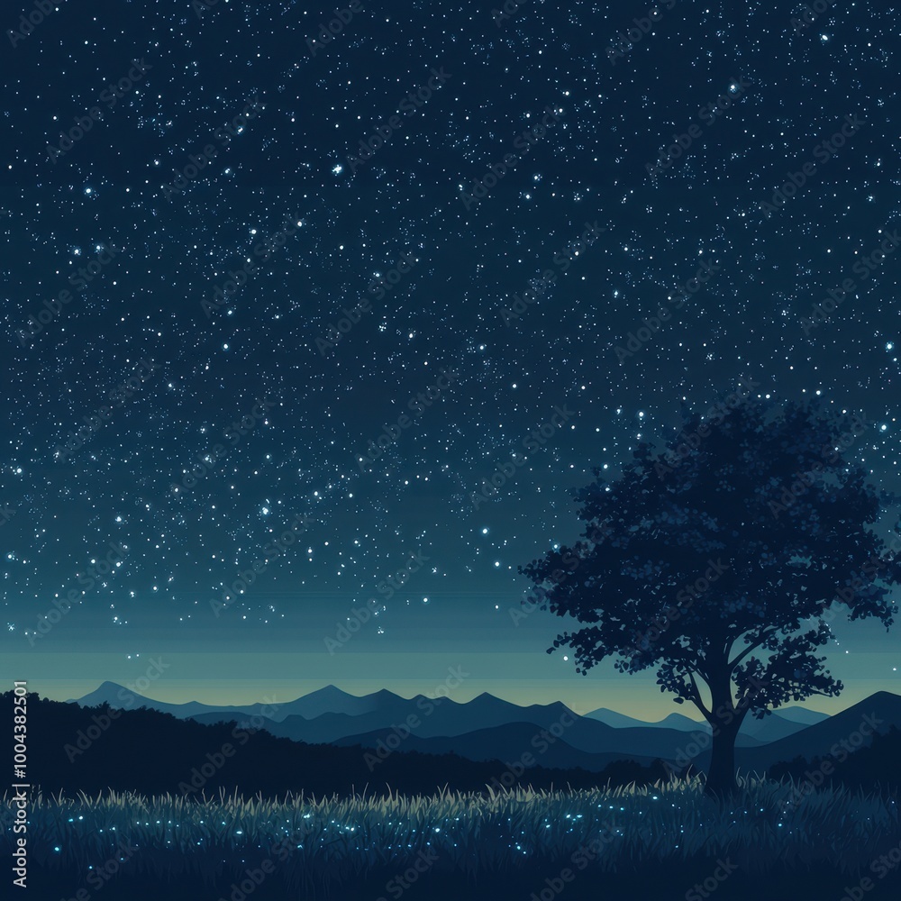Naklejka premium Silhouetted Tree and Mountains Under a Starry Night