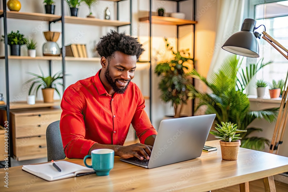 Young dark-skinned businessman in red shirt working remotely with laptop in modern home office setting Young dark-skinned businessman in red shirt working remotely with laptop in modern home office setting