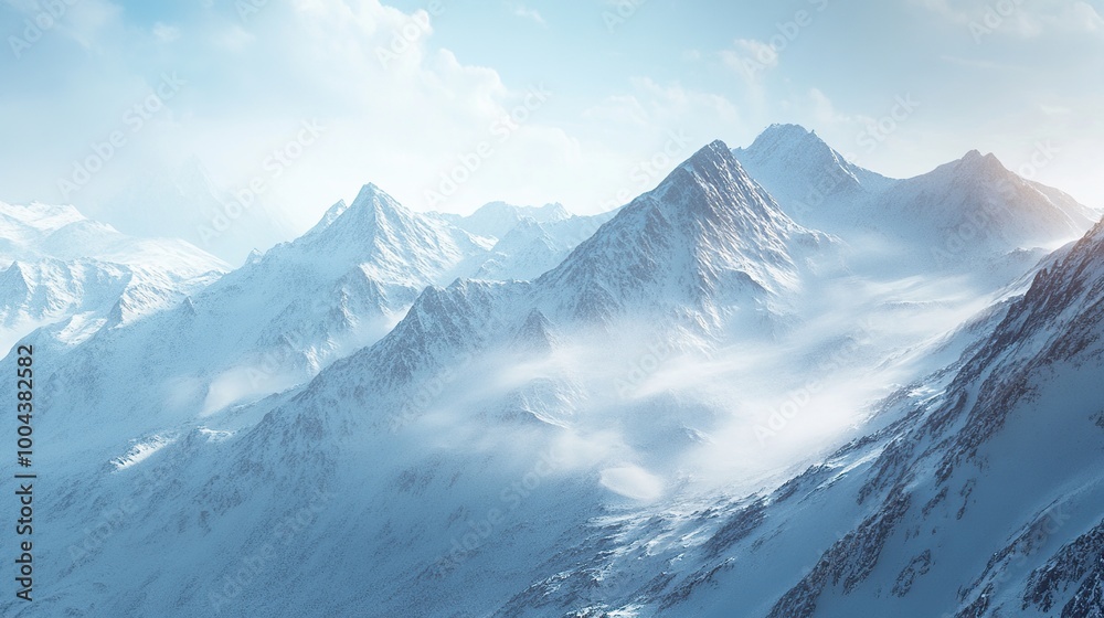Fototapeta premium Snowy mountain landscape with mist and clouds.