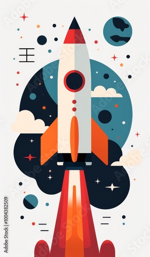 Colorful Rocket Launching Into Space With Planets And Stars