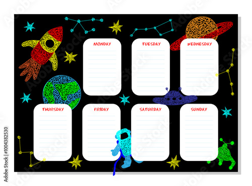 School weekly planner with hand drawn stars, flying sauer, planet, mars rover, rocket, earth planet,constellations on black background in childrens naive style.