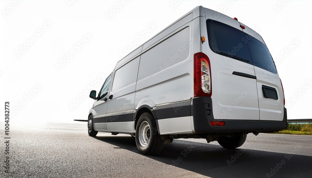 White, spotless delivery van with a small, isolated rear view truck. Short-base minibus for cargo. White, spotless delivery van with a small, isolated rear view truck. Short-base minibus for cargo.