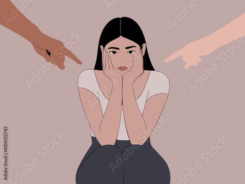Sad woman sitting with pointing fingers illustration