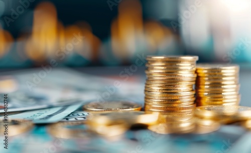 Stacked Gold Coins and Dollar Bills on a Table in a Softly Lit Room