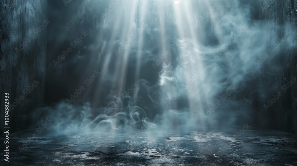 Dark background, gray cement floor with smoke and light rays shining from the top of the photo Dark background, gray cement floor with smoke and light rays shining from the top of the photo