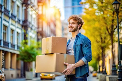 Young man carrying cardboard boxes preparing for moving day or delivery service in urban setting