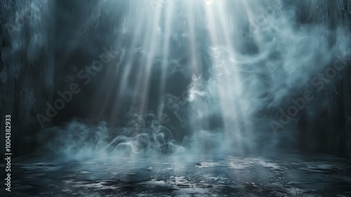 Dark background, gray cement floor with smoke and light rays shining from the top of the photo