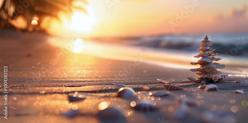 Miniature Christmas Tree on Beach at Sunset With Gentle Waves