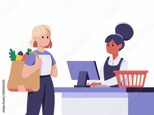 Woman at grocery store checkout counter with cashier