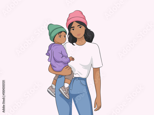 Woman holding child, both wearing beanies