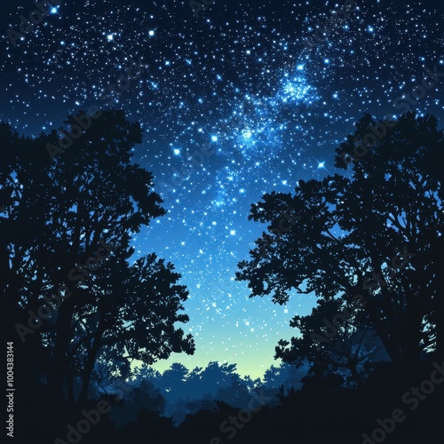 Night Sky with Silhouetted Trees and Stars photo