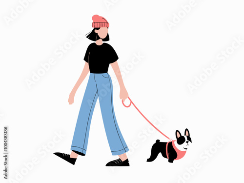 Woman Walking French Bulldog Illustration