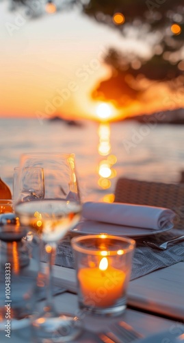 Romantic Sunset Dining Experience by the Beach With Wine Glasses and Candles