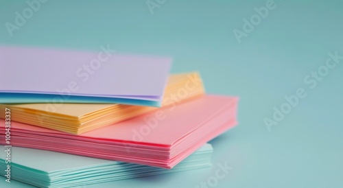 Colorful Stacked Sticky Notes on a Soft Purple Table With a Gradient Background