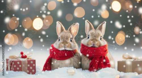 Winter Rabbits in Red Scarves Surrounded by Snow and Holiday Gifts