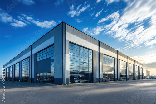 Modern industrial building reflecting sunlight under a vibrant blue sky at twilight, showcasing architectural elegance and efficiency. Generative AI