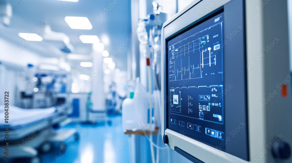 Modern hospital room with advanced monitoring equipment and empty patient bed in a busy medical facility during evening hours Modern hospital room with advanced monitoring equipment and empty patient bed in a busy medical facility during evening hours