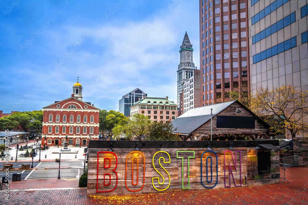 Boston Faneuil Hall square and cityscape view, Massachusetts