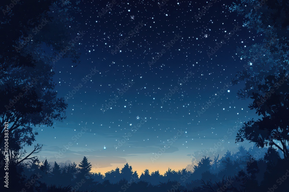 Naklejka premium Starry Night Sky Above a Silhouetted Forest