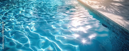 Serene blue water with shimmering reflections, capturing the tranquility of a refreshing swimming pool in the sunlight.