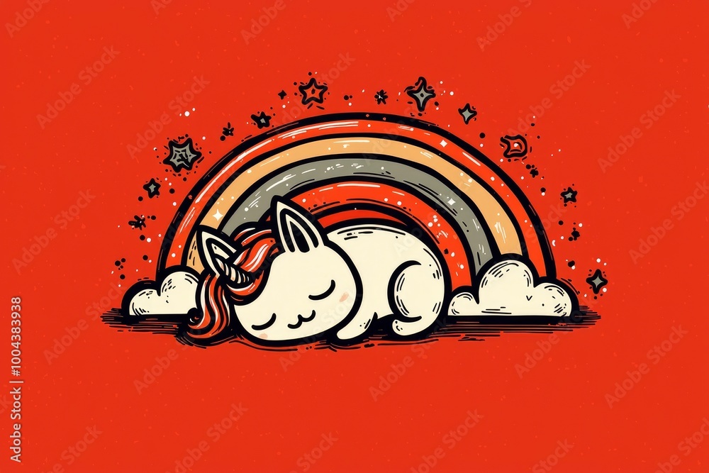 Fototapeta premium Sleeping Unicorn Under Rainbow with Stars