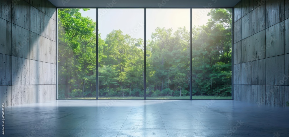 Naklejka premium Modern interior with large windows showcasing a serene garden view, blending nature and architecture harmoniously.