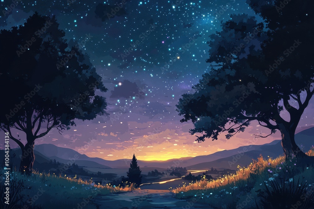 A winding path through a valley with a starry night sky and a sunset