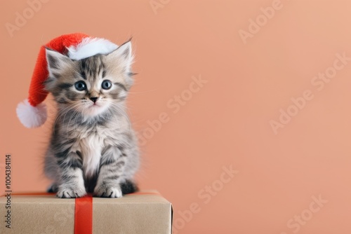 Cute Kitten Wearing Santa Hat on Gift Box Against Orange Background