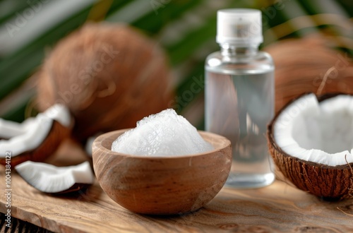 Coconut Oil, Milk, and Shell on Wooden Board